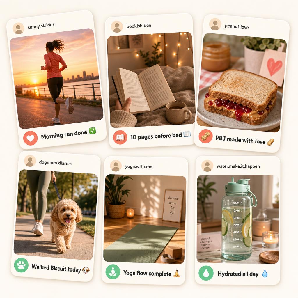 A collage of friends sharing daily habit photos with streak counts